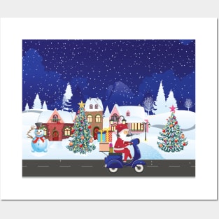 Santa rides scooter in night town Posters and Art